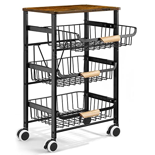 Kitchen Storage Rolling Cart on Wheels 4 Tier Metal Rolling Utility Cart Mesh Basket Pantry Cart Rack with Wooden Tabletop for Fruit Vegetable Onion Potato Storage