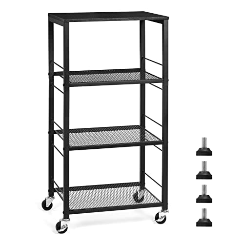 MOOACE Kitchen Storage Cart with Wheels 4Tier Black Mesh Rolling Microwave Coffee Cart Wood Look Top and Metal Frame