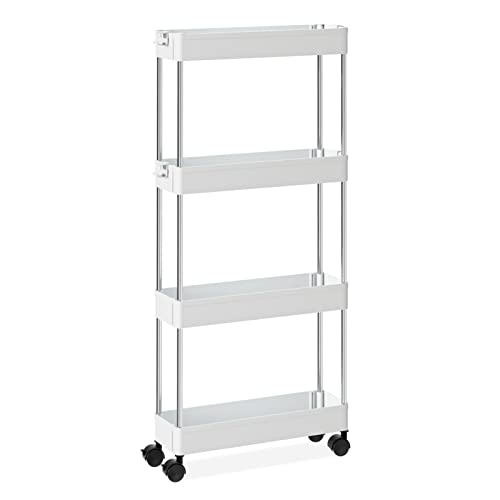 OTK Slim Storage Cart 4 Tier Mobile Shelving Unit Organizer Utility Rolling Shelf Cart with Wheels for Bathroom Kitchen Bedroom Office Laundry Narrow Places，White