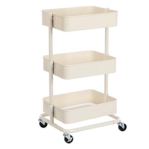 SONGMICS 3Tier Metal Rolling Cart Utility Cart Kitchen Cart with Adjustable Shelves Storage Trolley with 2 Brakes Easy Assembly for Kitchen Office Bathroom Beige UBSC60WT