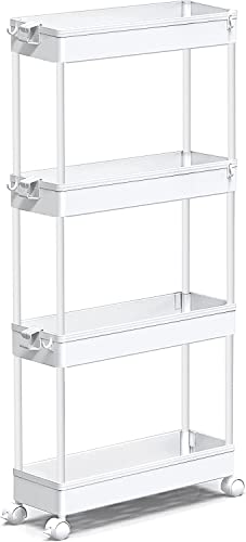 SPACEKEEPER Slim Rolling Storage Cart 4 Tier Bathroom Organizer Mobile Shelving Unit Storage Rolling Utility Cart Tower Rack for Kitchen Bathroom Laundry Narrow Places White