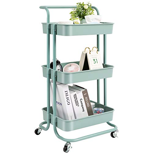danpinera 3 Tier Rolling Utility Cart with Wheels and Handle Storage Organization Shelves for Kitchen Bathroom Office Library Coffee Bar Trolley Service Cart Green