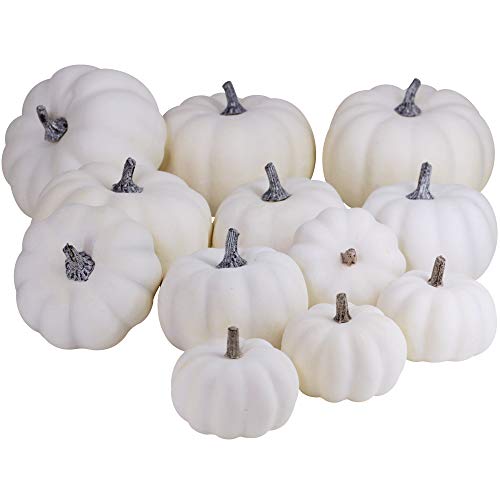 12 PCS Assorted Sizes Rustic Harvest White Artificial Pumpkins for Halloween Fall Thanksgiving Decorating Harvest Embellishing and Displaying