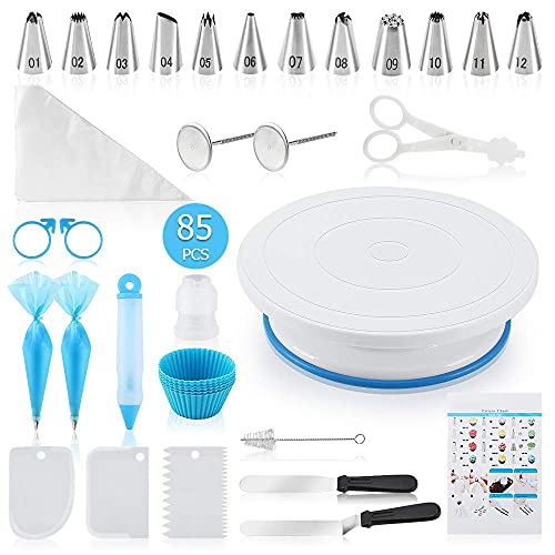 Docgrit Cake Decorating kit 85PCs Cake Decoration Tools with a Non Slip Base Cake Turntable 12 Numbered Cake Icing Tips  Guide and Other Cake Decorating Kit for Beginner