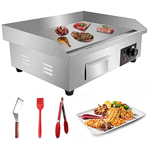 110V 3000W 22 Commercial Electric Countertop Griddle Stainless Steel BBQ Flat Top Grill Hot Plate Adjustable Thermostatic Control 122°F572°F Stainless Steel Restaurant Grill for Kitchen
