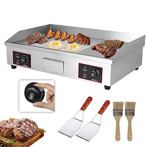 Shikha 29 Electric Countertop Griddle Grill 110V 4400W Half GroovedFlat NonStick Commercial Restaurant Grill  Teppanyaki Grill Stainless Steel with Adjustable Temperature Control 122°F572°F