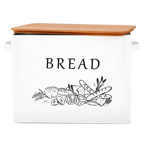 Bread Box for Kitchen Countertop Efar Metal Bread Storage Container Bin with Bamboo Lid for Cutting Bread Extra Large  Farmhouse Style 13 x 72 x98 White