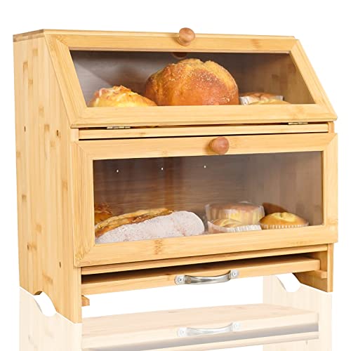 Extra Large Bamboo Bread Box for Kitchen Countertop Wooden Boxes Container Cabinet Bin Storage Wood Homemade Breadbox Holder Keeper Rustic Style Kitchen Accessories Decor for Gift Idea