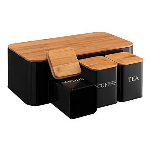 HollyHOME Large Bread Box and 3Piece with Sugar Tea Coffee Containers Sets for Kitchen Table Storage Store Pastries Coffee Biscuits  MoreBlack(1634 W x 886 D x63 H)