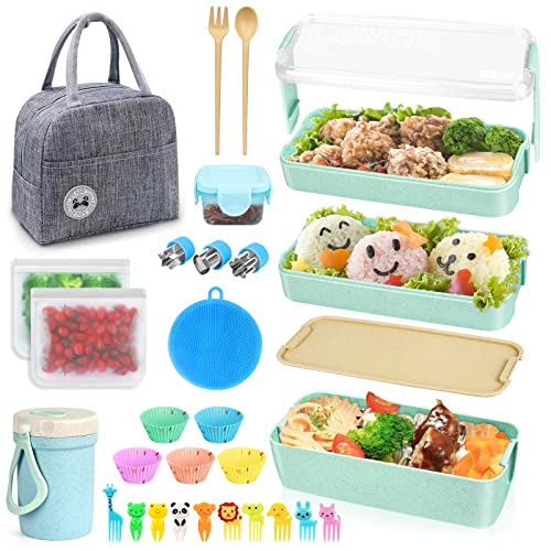 27 PCs Bento Box Lunch Box Kit Stackable 3in1 Compartment Japanese Lunch Box Set w Soup Cup Sauce Can Spoon Fork Cake Cups Fruit Picks Snack Bags Leakproof Lunch Container for kids and Adults