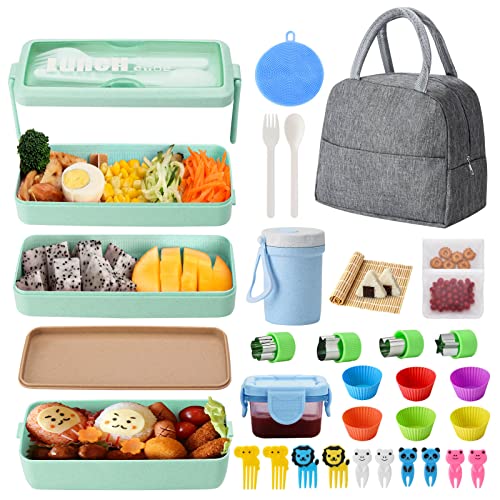 31 PCs Bento Box Lunch Box Kit Japanese Lunch Box Set 3in1 Compartment w Soup Cup Sushi Mat Spoon Fork Cake Cups Fruit Picks Cookie Cutters Snack BagsLeakproof Lunch Container Lunch Bag