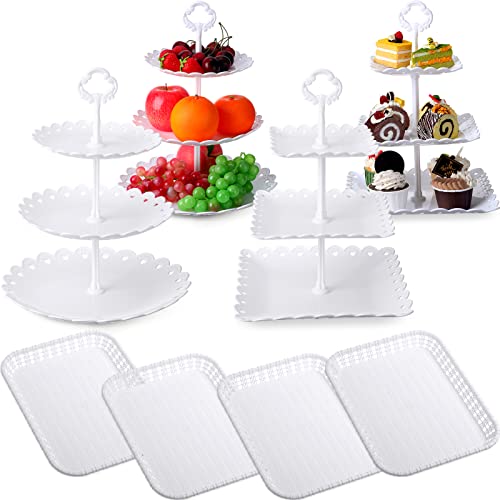 8 Pcs Dessert Table Display Set Includes 3 Tier Round Square Cupcake Stand White Party Food Server Display Long Slim Cake Tier Stand 4 Pcs Rectangle Plastic Serving Trays for Wedding Birthday Party