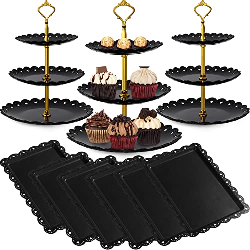 9 Pcs Black Dessert Table Display Set Includes 6 Pcs Rectangle Cupcake Stand and 3 Pcs Round 3 Tiered Serving Tray Cake Holder Plastic Plate Serving Platters for Wedding Birthday Baby Shower Tea Party