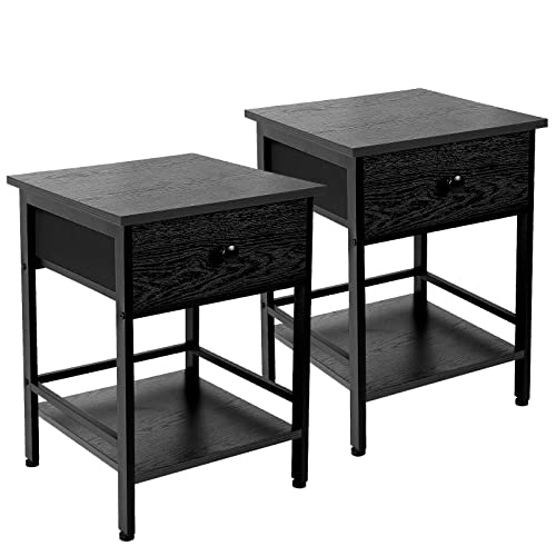 AMHANCIBLE Black Nightstands Set of 2 End Tables Living Room with Fabric Drawer and Storage Shelf Night Stands for Bedroom Industrial Bedside Tables Easy Assembly Wood Metal Accent Furniture
