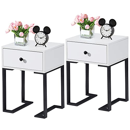 VECELO Modern Nightstand with Drawer End Side Table for Bedroom Living Room Small Space Night Stand with Open Shelf Stable Metal Frame Set of 2 White 2 Pack
