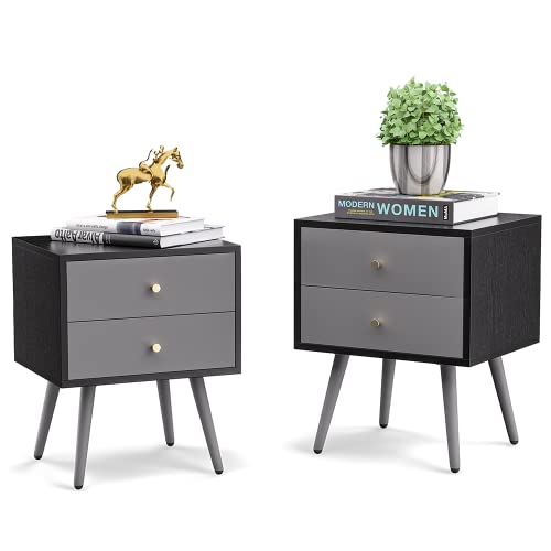 WILLIAMSPACE Black Nightstand Set of 2 Mid Century Modern Side Table Square Wood End Table with 2 Drawers Storage Night Stand for Bedroom (H215)