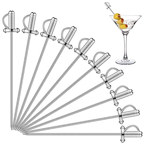 10 Pieces Stainless Steel Cocktail Picks Toothpicks 43 Inch Sword Metal Martini Drink Pick Sticks Appetizer Resuable Skewers Food Fruit Cocktail Toothpicks for Birthday Wedding Beach (Silver)
