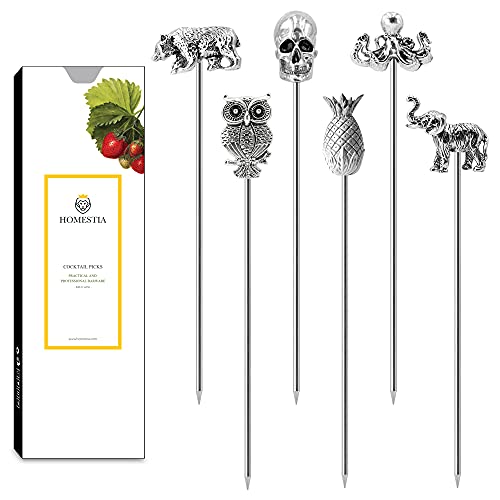 Homestia Cocktail Toothpicks Stainless Steel Animal Fancy Picks Reusable Garnish Skewers Appetizer Forks for Olives Sandwiches Cherries Limes 47 Inch Set of 6