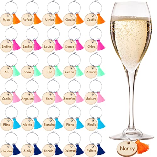 30 Pieces Wooden Wine Charms for Stem Glasses Identification Funny Wine Glass Charms with Tassel Wine Glass Rings DIY Drink Marker Tags with Pen for Gifts Wedding Decorations Party Favors