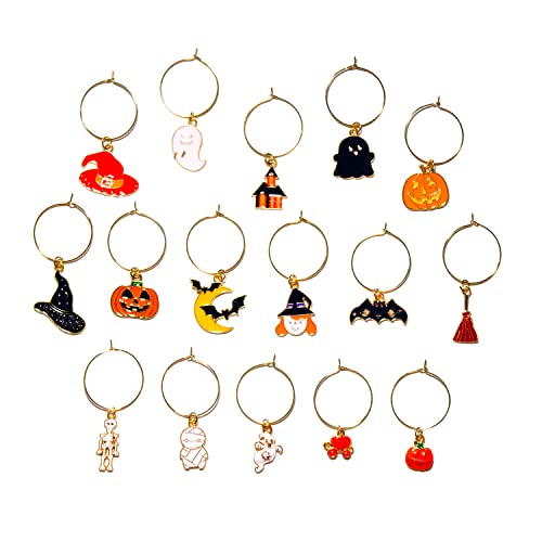 Halloween Wine Glass Charms Set of 16，Drink Marker Tags Identification for Stem Glasses，Halloween Party Wine Charms