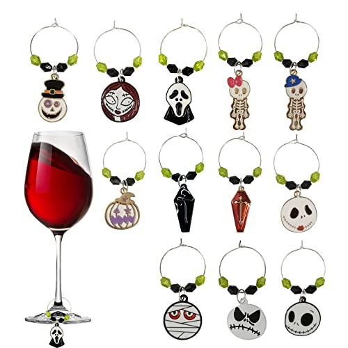 LEKEJIA Halloween Wine Glass Charms，pumpkin ghost skeleton mummy Glass Markers Drink Identifier for Stem Glass Halloween Birthday Party Supplies (12pcs)