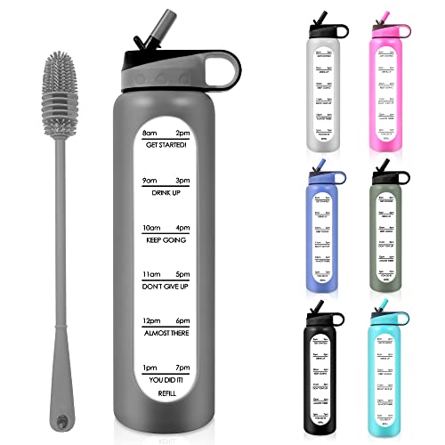 PROBTTL 32 Oz Borosilicate Glass Water Bottle with Time Marker  Straw with Bottle Brush  Leakproof Reusable  Bpa Free Motivational Glass Water Bottles for Fitness Gym Outdoor Sports  Daily Use