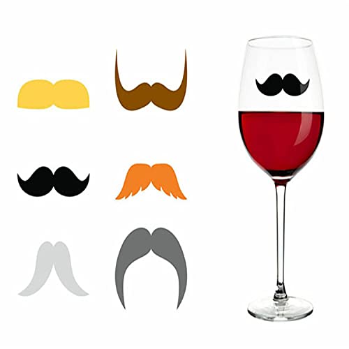 Wine Glass Markers Set of 6 Silicone Drink Glass Charms Wine Charm Tags with Suction Cup Funny Drink Markers Glass Identifier For Bar Party (Mustache Lip print) (Mustache A)
