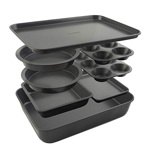 Elbee Home 8Piece Nonstick Aluminized Steel Space Saving Baking Set With Deep Roasting Pan Cookie Sheet Cake Pans Muffin Pans and Baking Pan PFOA  PFOS Free