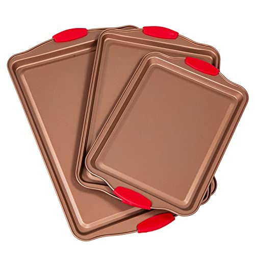 Nuovoo 3 Piece Baking Pans Set Non Stick Stainless Steel Nordic Ware Baking Sheet Nordic Ware Bakeware with Silicone Handle for Oven Cookie Cake Home Kitchen Baking Supplies Champagne