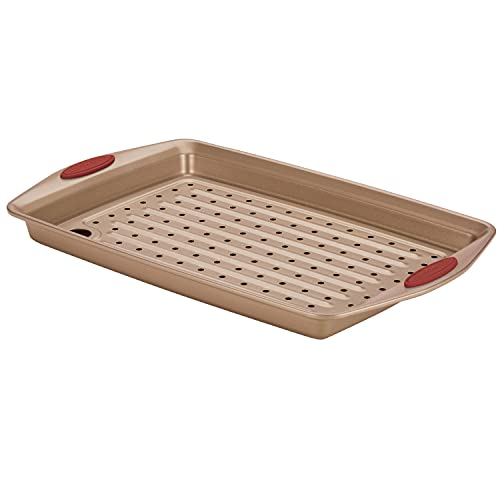 Rachael Ray Cucina Nonstick Bakeware Set with Grips Nonstick Cookie Sheet  Baking Sheet with Crisper Pan  2 Piece Latte Brown with Cranberry Red Handle Grips