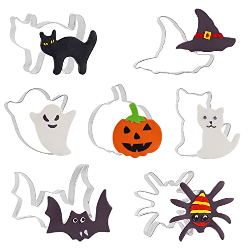 7PCS Large Halloween Cookie Cutters Set Stainless Steel Metal Halloween Cookie Cutters Shapes  Witchs Hat Pumpkin Ghost Bat Spidder and Cats (Halloween Cookie Cutter)