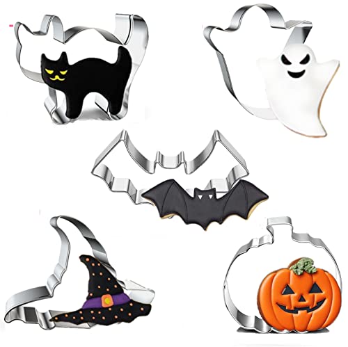 Halloween Cookie Cutters  5 Pieces Cookie Cutters Shape Witchs Hat Pumpkin Ghost Bat Cat for Baking Decorative Party Supplies