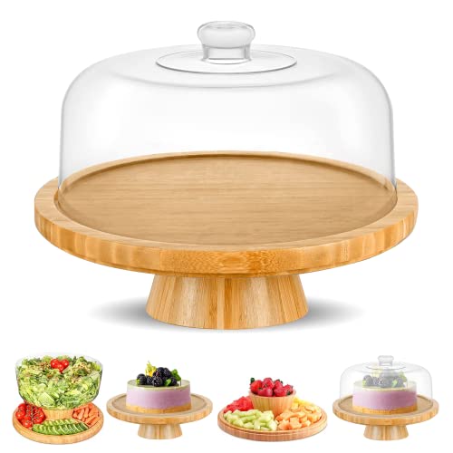 Chefs Unique Bamboo Cake Stand with Dome Multi Function 6 in 1 Cake Holder Serving Platter 128 Inch Round Veggie Stand and Salad Bowl Decorative Display Cake Stand with lid