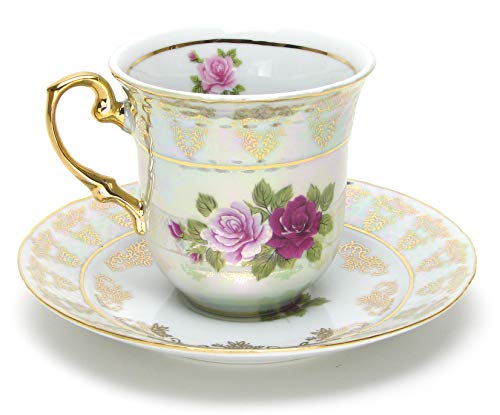 Euro Porcelain 12PcRoses Tea Cup and Saucer Coffee Set (8 oz) White Pearlescent Floral Pattern with 24K GoldPlated Accents Tea Service for 6 Vintage Czech Tableware