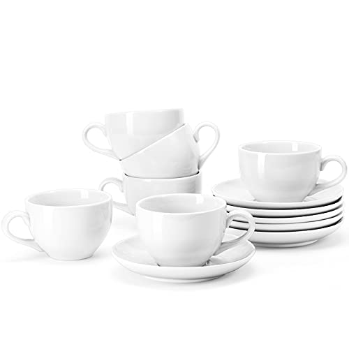 Yedio Porcelain Coffee Cups Set with Saucer 6 Ounce White Porcelain Cup and Saucer Set for Cappuccino Coffee Latte Coffee drinks and Tea Set of 6
