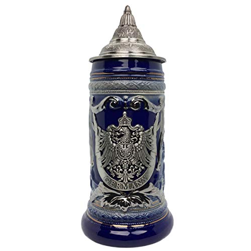 6 Liter Cobalt Blue Germany Eagle Ceramic Stein Mug with Metal Medallion and Engraved Metal Lid