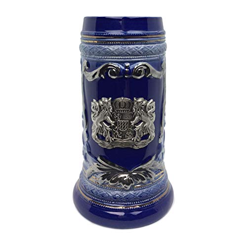 1 Liter Cobalt Blue Ceramic Stein Mug with Bayern Germany Coat of Arms Engraved Metal Medallion