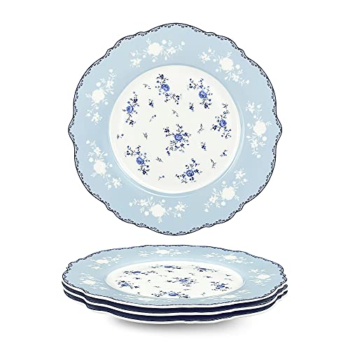 fanquare 8 Inch Porcelain Dessert Plates Set of 4 Lace Serving Bowls Set for Salad Soup Pasta Snack Blue Roses