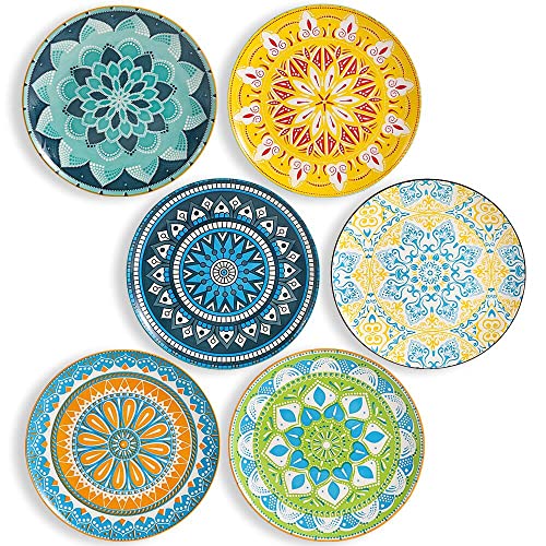Dinner Plates Ceramic Plate Set  10 Inch Large Porcelain Round Plate Sets of 6  Flat Colorful Pattern Dining Plates for Kitchen  Family  Dishwasher  Microwave  Oven Safe