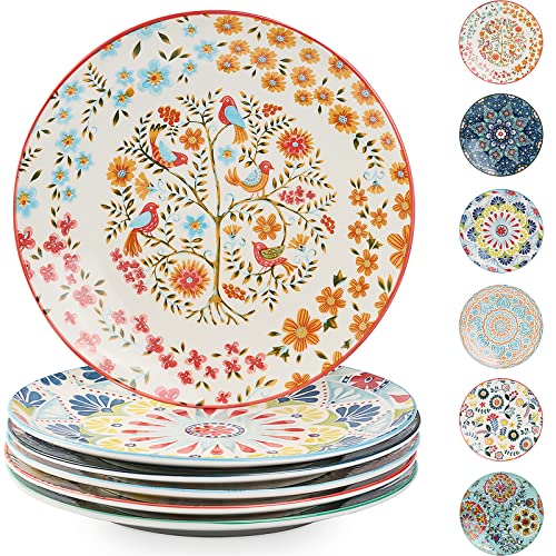 Getstar 105 Ceramic Dinner Plates with Underglaze Assorted Patterns Set of 6 Microwave  Dishwasher Safe Colorful Porcelain Salad Pasta Dinner Plates Set of 6
