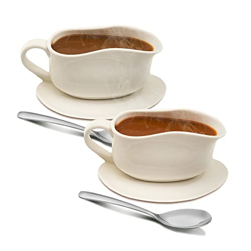 (2 Pack) Gravy Boat With Ladle And Saucer Elegant White Ceramic Gravy Boat And Saucer Holds 16oz Of Gravy Salad Dressing With Stainless Steel Gravy Spoon For Thanksgiving Parties Weddings
