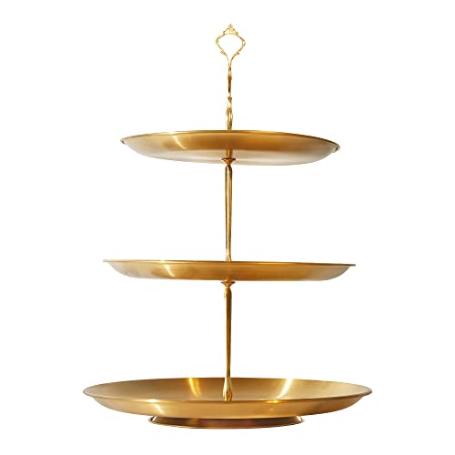 PUWWOT Gold Metal Tiered Cupcake Stand Stainless steel 3 Tier Cupcake Display Tower Cake Stand Pastry Dessert Holder for BirthdayWedding Party (Golden)
