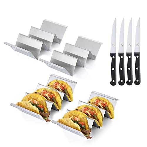 Taco Holder COKUMA 8PCS Taco Holders (4PCS Taco Stand and 4PCS Steak Knives) Stainless Steel Taco Racks with Handles Oven  Grill  Dishwasher Safe Taco Trays Perfect Combination for Taco Tuesday
