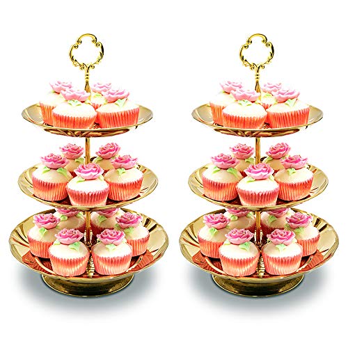 Two Set of Three Tier Cake Stand and Fruit Plate by Imillet Stainless Steel Stand of Golden for Cakes Desserts Fruits Candy Buffet Stand for Wedding HomeParty Serving Platter (2 pack) …