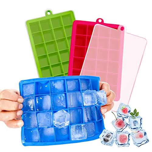 Ice Cube Trays Silicone  3 Pack Silicone Ice Cube Trays Molds with Lid for Freezer Removable and Stackable 24 Ice Cubes Per Trays for Cocktail WhiskyBeverages (Blue Green Rose Red)