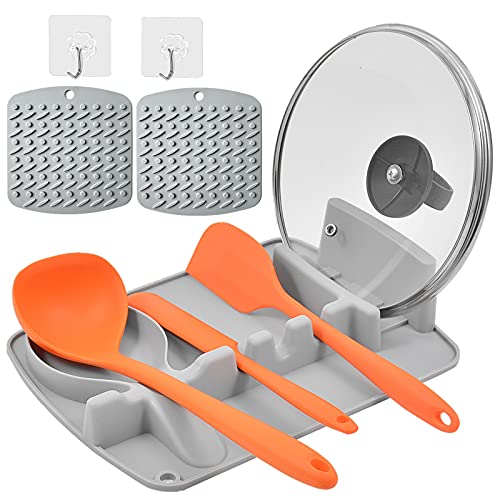 Spoon Rest Spoon Rest for Kitchen Counter 3 In 1 Large Silicone Spoon Holder and Pot Lid Holder Include 2Pcs Trivets for Hot Pots and Pans  2Pcs Hooks (Gray)