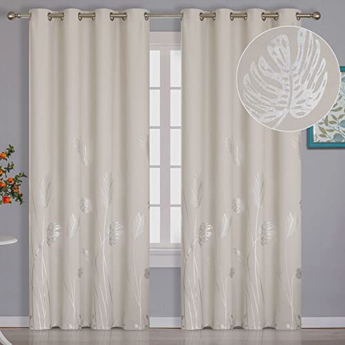Estelar Textiler Room Darkening Curtains White Window Curtains 84 Inches Length 2 Panels Thermal Insulated Grommet Blackout Drapes with Silver Palm for Dining Room Sliding Door 52Wx84L Cream Beige