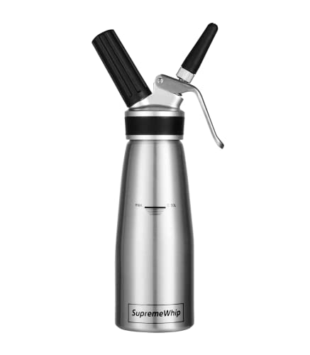 SupremeWhip PRO SILVER Whipped Cream DispenserWhipped Cream Canister 500 ml  1 pint Aluminum Body with Three Decorating Tips (N2O Charger Not Included) High Grip Finish