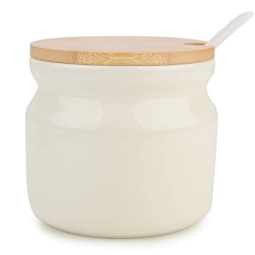 Ceramic Sugar Bowl Chase Chic Porcelain Sugar Bowl with Wooden Lid and Porcelain Spoon 77oz230ml Suit for Coffee Bar Kitchen and Home breakfastOff White