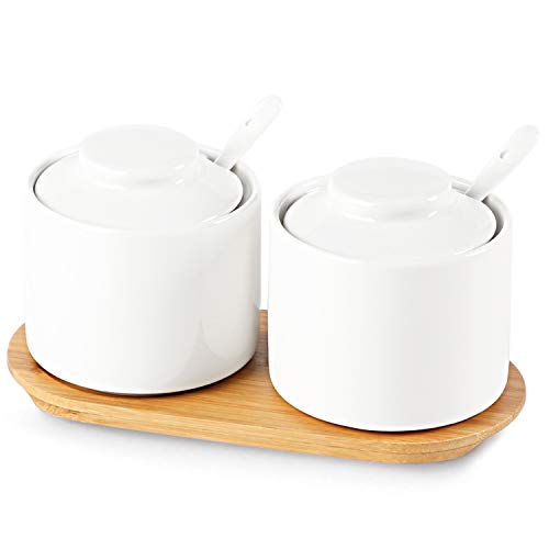 ONTUBE Ceramic Sugar Bowl with Lid and Spoon Set of 2Porcelain Seasoning Box Salt Bowl with Tray8oz (White)